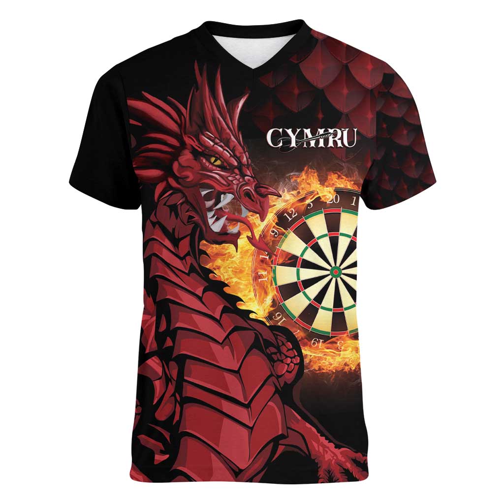 Wales Darts Personalised Women V-Neck T-Shirt Red Dragon Cymru Am Byth