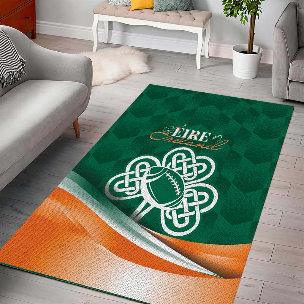 Green area rug featuring a Celtic shamrock and football emblem with orange stripe border