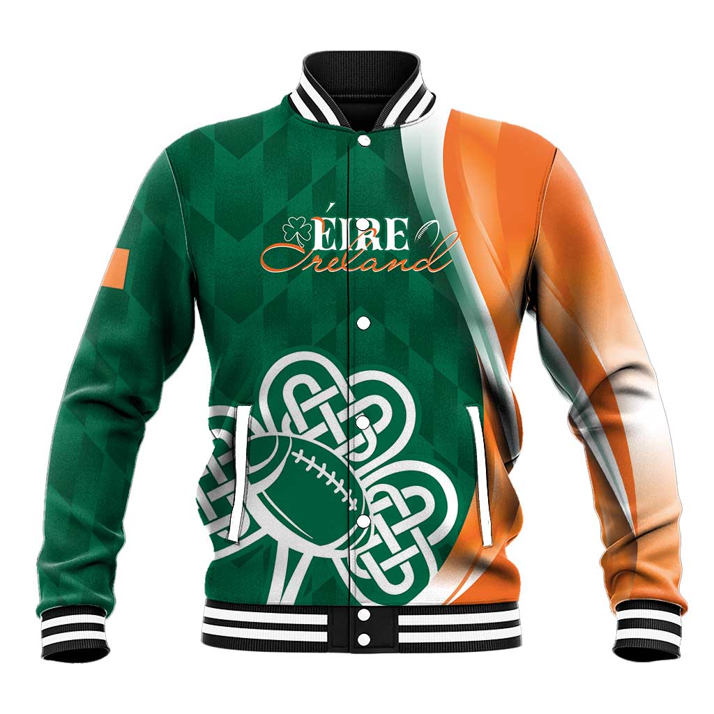 Green celtic shamrock baseball jacket, orange sleeves, striped ribbed collar and cuffs