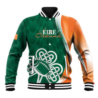 Green celtic shamrock baseball jacket, orange sleeves, striped ribbed collar and cuffs