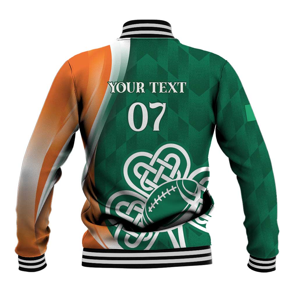 Green back baseball jacket with celtic knot football emblem, orange side panels, striped rib hem