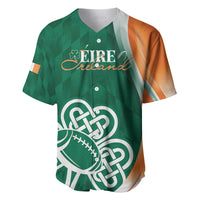 Green baseball jersey with orange side panels, button-up front, celtic shamrock logo