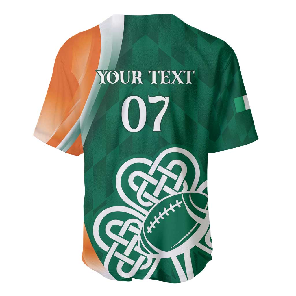 Green baseball jersey back with orange panels, number 07, celtic logo