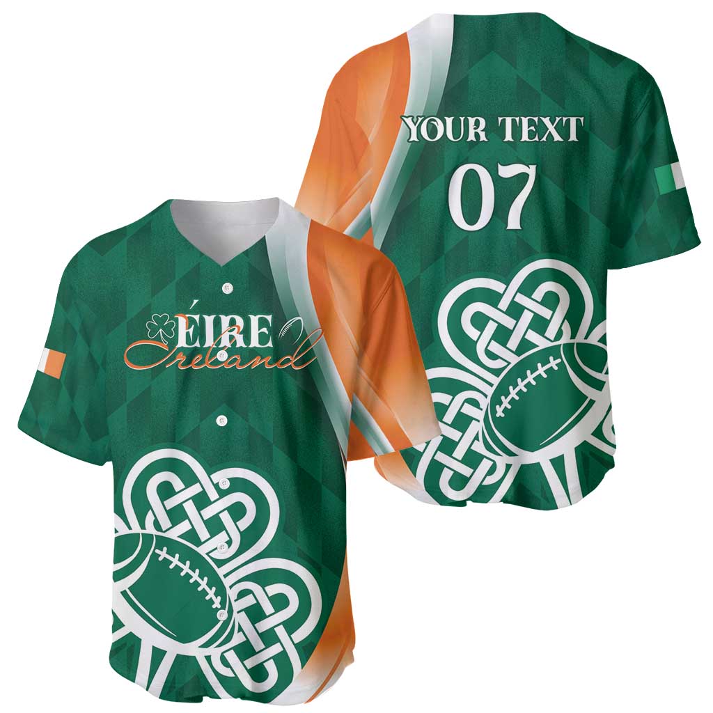 Green Ireland rugby baseball jersey with shamrock print, front and back views