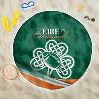 Green round beach blanket with EIRE Ireland lettering and Celtic football graphic, white fringe