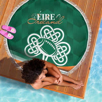 Green round beach blanket with EIRE Ireland logo and Celtic football emblem, white fringe edge