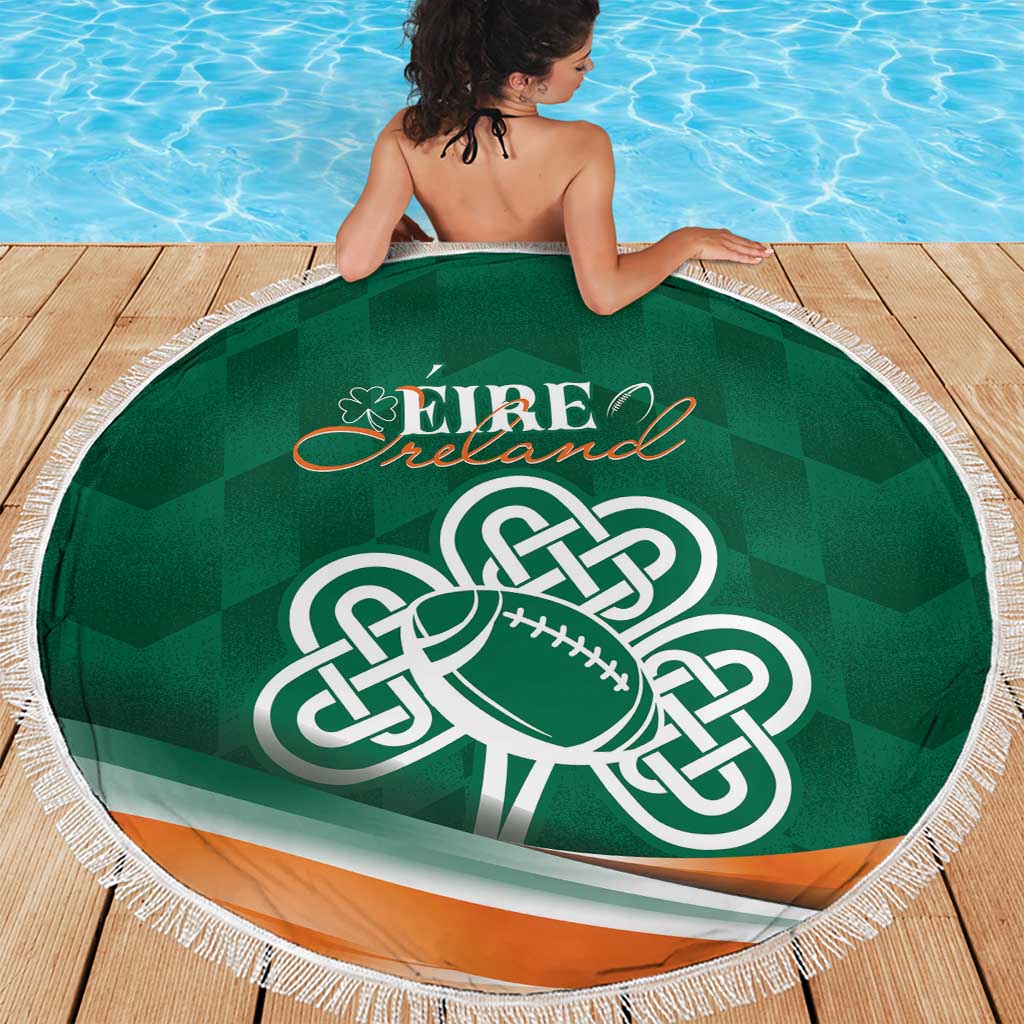 Green round beach blanket with EIRE Ireland text, Celtic football emblem, orange stripe border, fringe