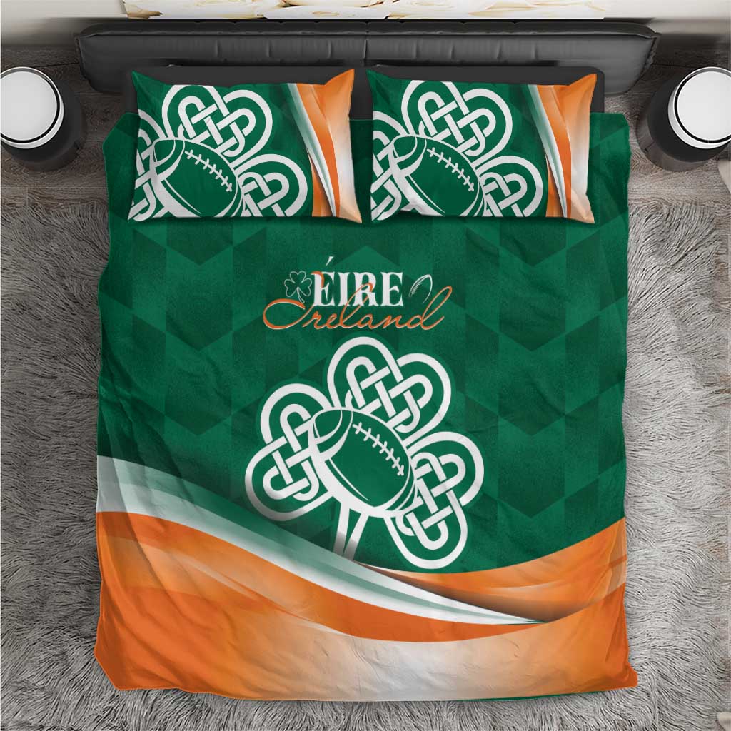 Green and orange bedding set with Celtic shamrock rugby logo and matching pillows