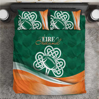 Green and orange bedding set with Celtic shamrock rugby logo and matching pillows