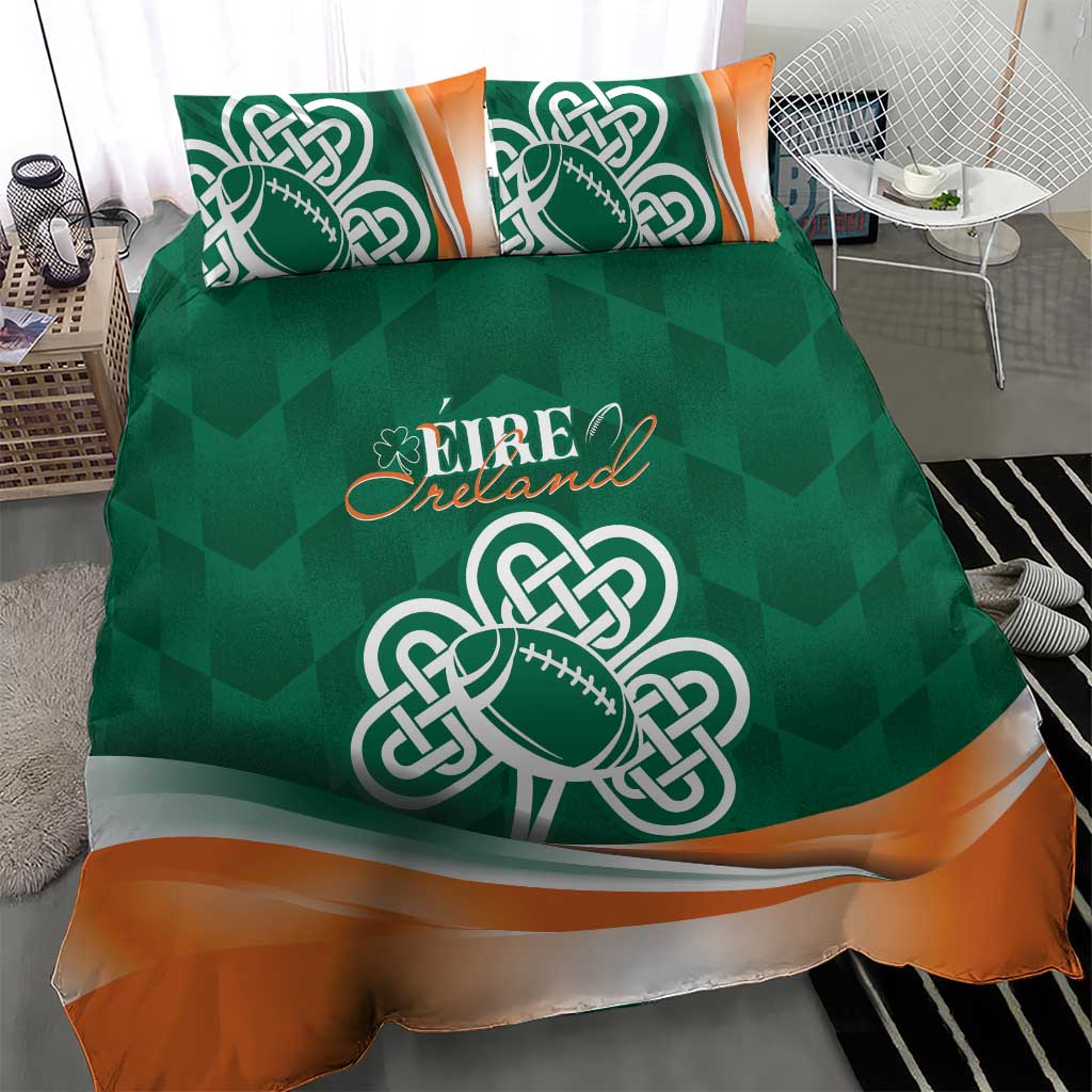 Green duvet featuring Celtic shamrock rugby logo and orange band, plus two pillows