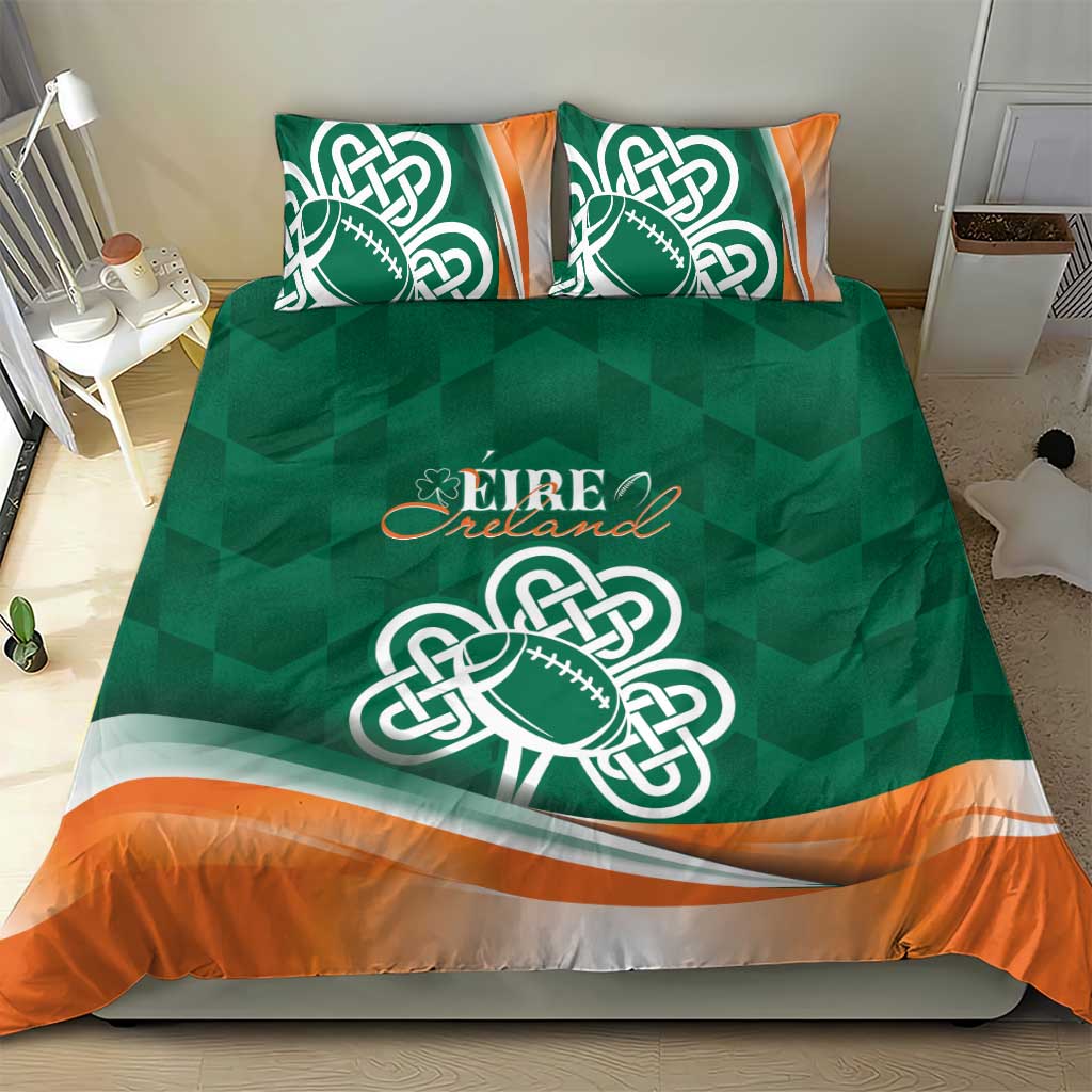Green duvet cover with Celtic shamrock rugby logo and orange band, flanked by two pillows