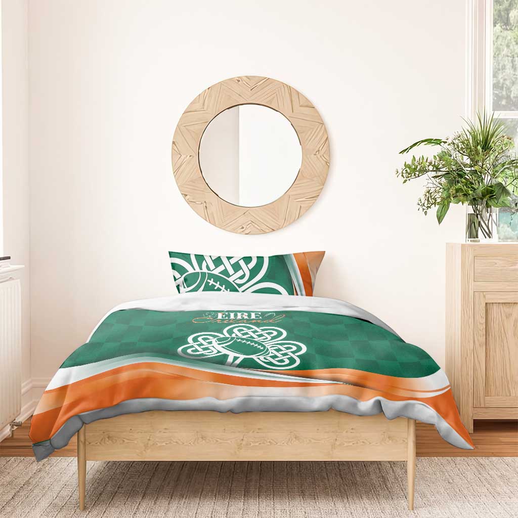 Green duvet with Celtic shamrock rugby logo and orange band, with matching pillows