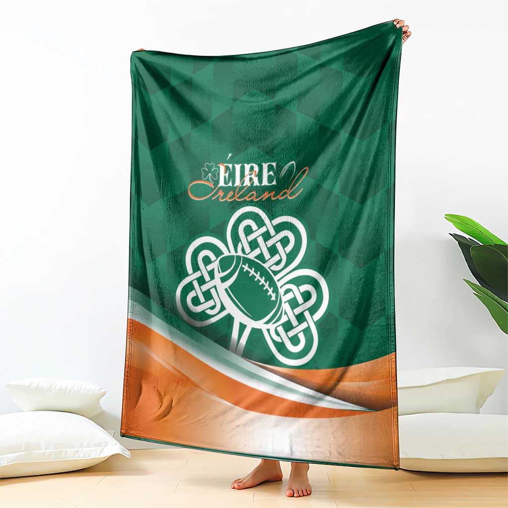 Green Éire rugby shamrock blanket with Celtic knot and orange stripe
