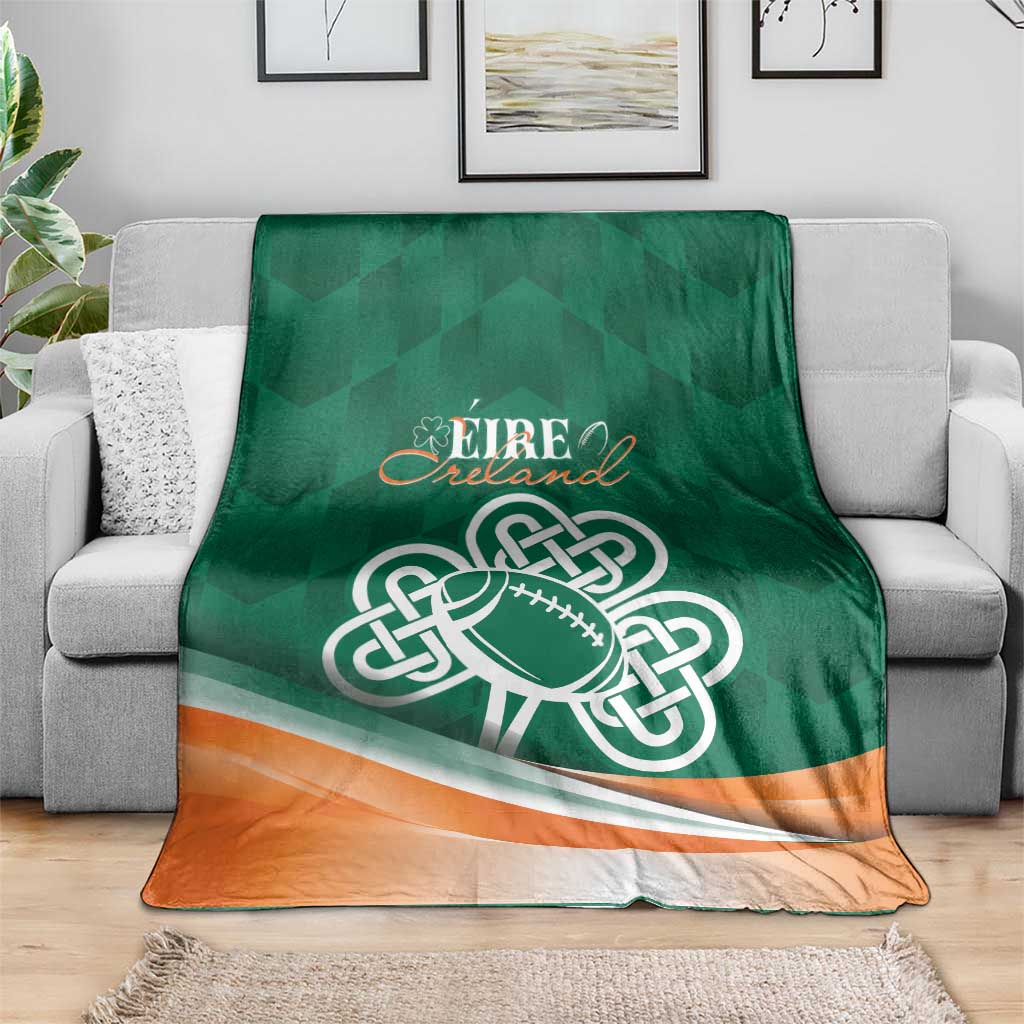 Green rugby blanket with shamrock, Ireland text, and rugby ball graphic