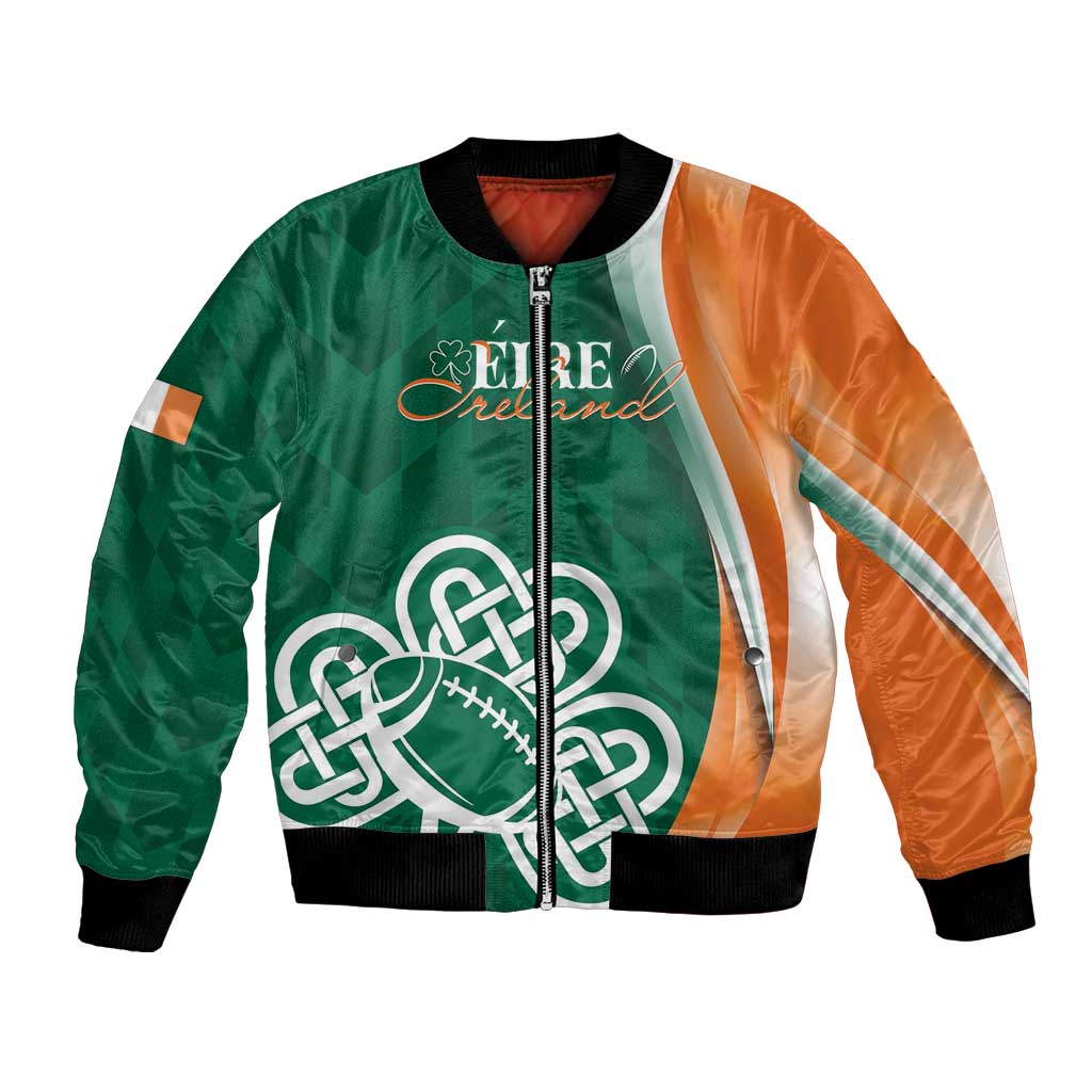 Green and orange bomber jacket with front zipper and large Celtic shamrock graphic