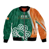 Green and orange bomber jacket with front zipper and large Celtic shamrock graphic