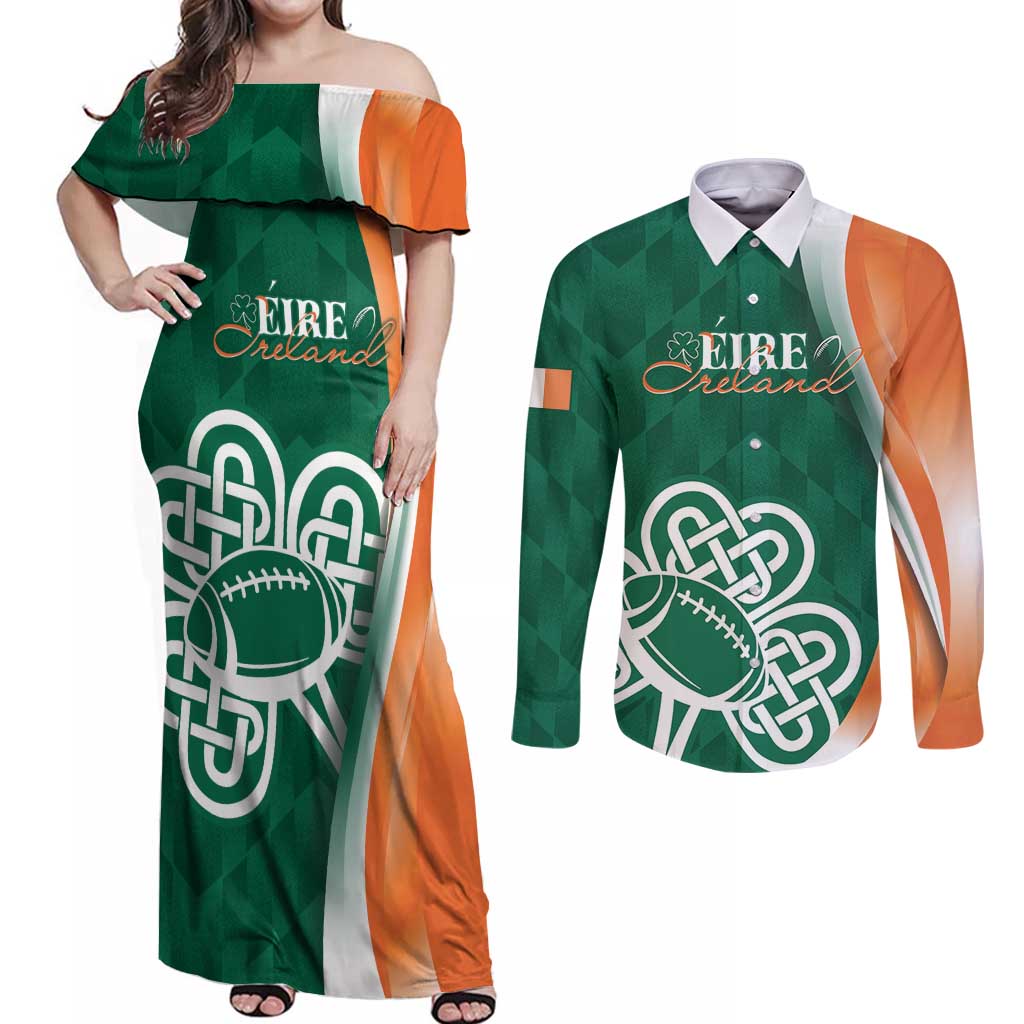 Éire Rugby Celtic Shamrock Couples Matching Off Shoulder Maxi Dress and Long Sleeve Button Shirt Ireland's Call