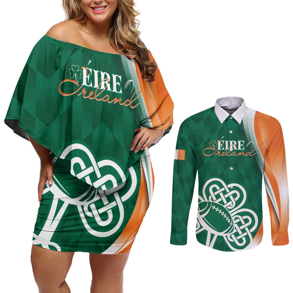 Éire Rugby Celtic Shamrock Couples Matching Off Shoulder Short Dress and Long Sleeve Button Shirt Ireland's Call