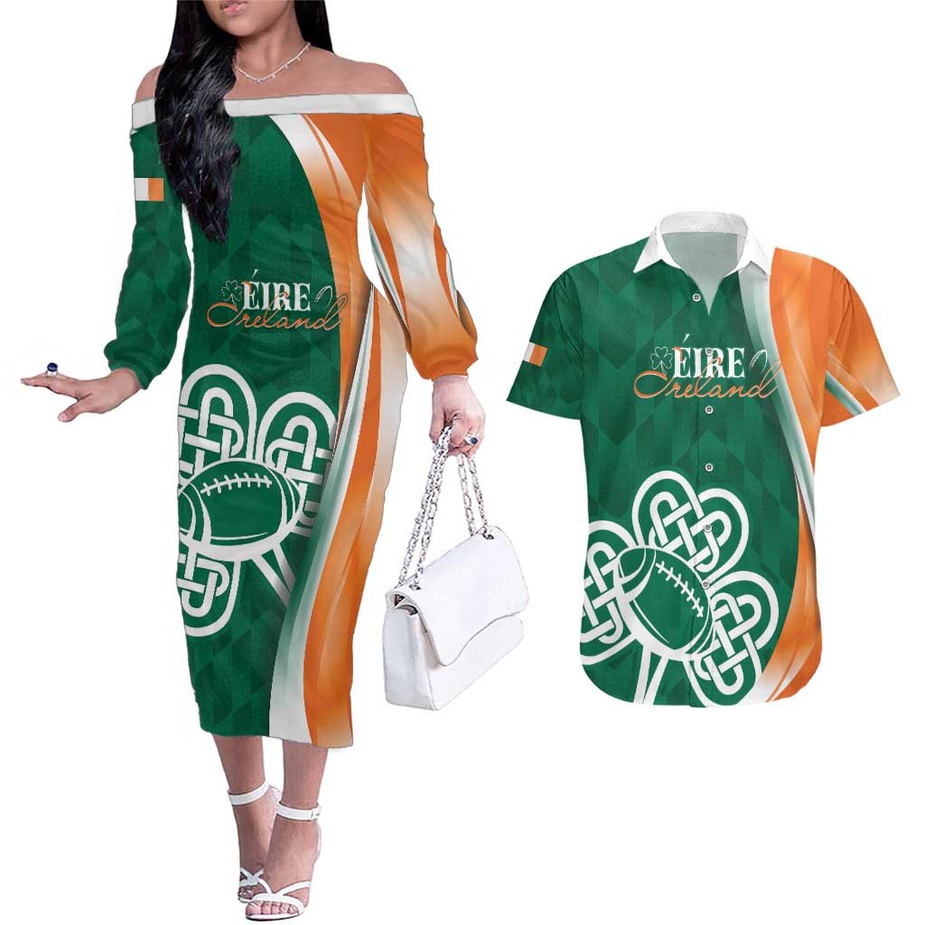 Éire Rugby Celtic Shamrock Couples Matching Off The Shoulder Long Sleeve Dress and Hawaiian Shirt Ireland's Call