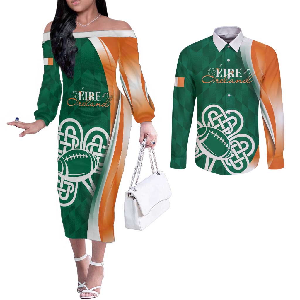 Éire Rugby Celtic Shamrock Couples Matching Off The Shoulder Long Sleeve Dress and Long Sleeve Button Shirt Ireland's Call