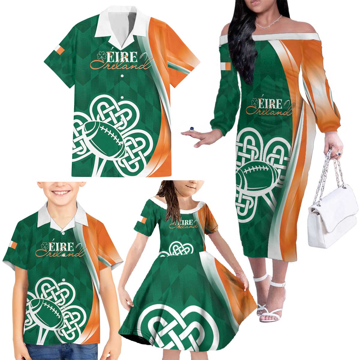 Éire Rugby Celtic Shamrock Family Matching Off The Shoulder Long Sleeve Dress and Hawaiian Shirt Ireland's Call