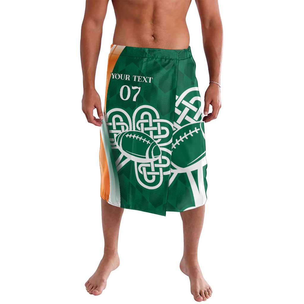 Green lavalava with white Celtic knot, rugby graphic, and shamrock print
