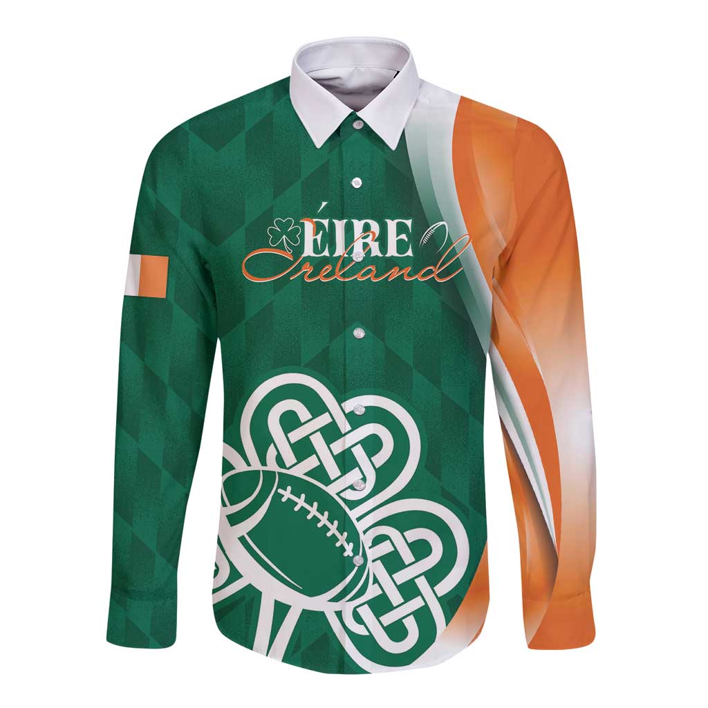 Green rugby button shirt with white collar, long sleeves, shamrock front graphic