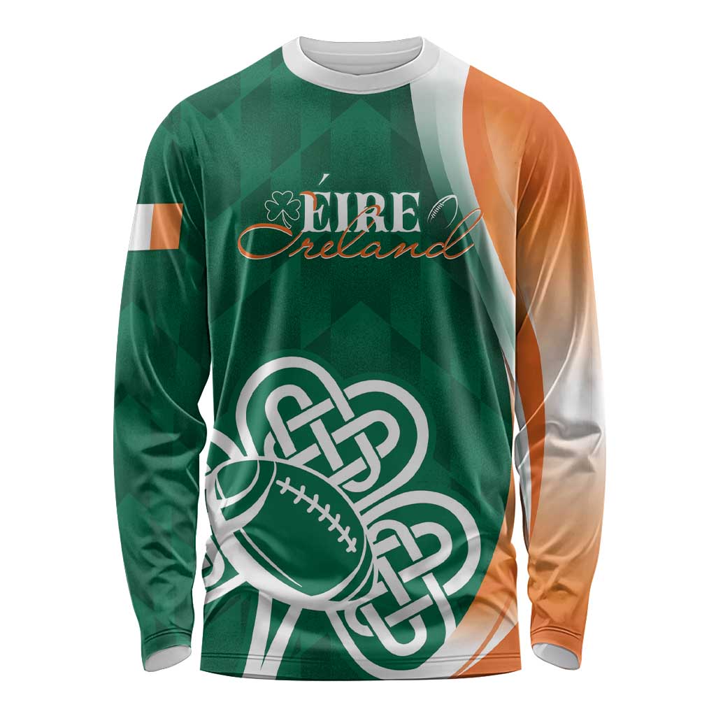 Long sleeve rugby shirt, green/orange panels with shamrock and celtic football graphic