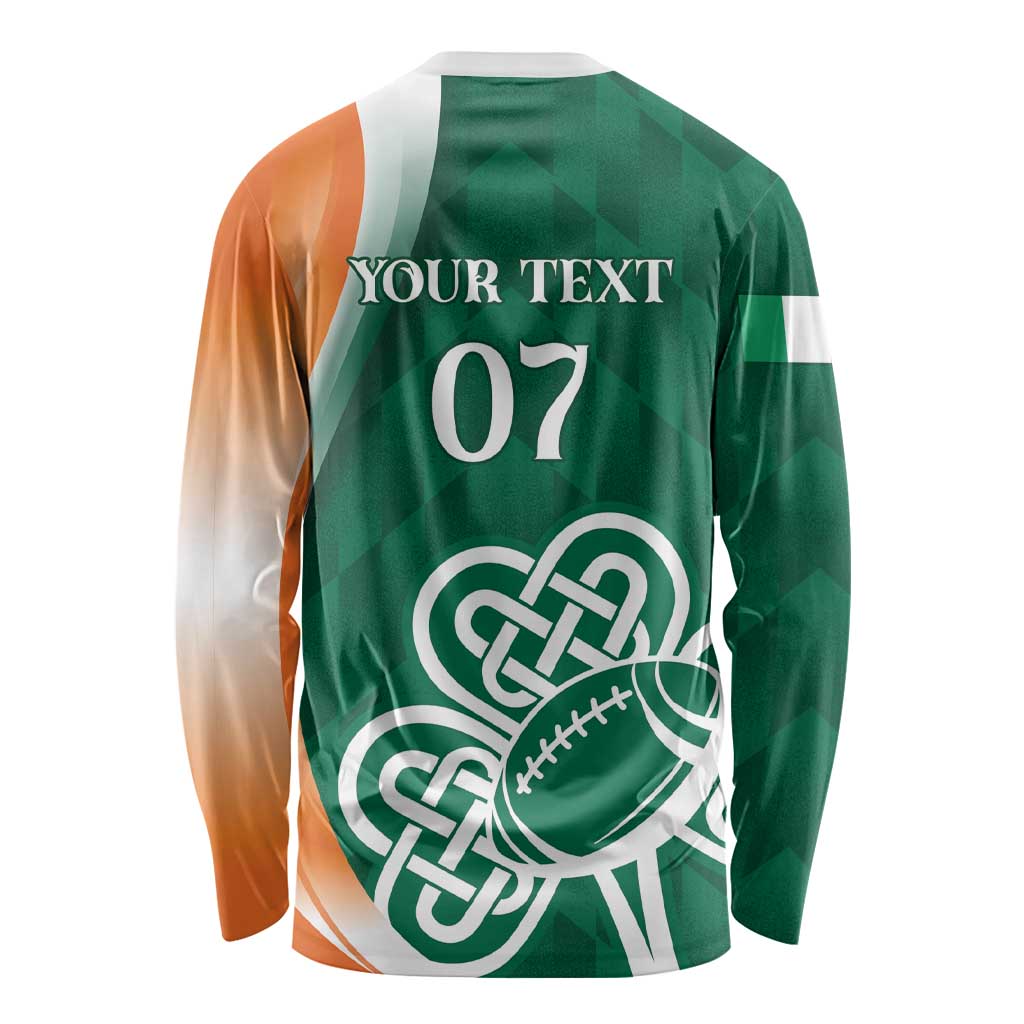 Long sleeve rugby shirt back, green with orange sides, YOUR TEXT 07 and celtic football
