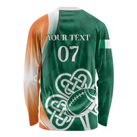 Long sleeve rugby shirt back, green with orange sides, YOUR TEXT 07 and celtic football