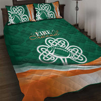 Green quilt bed set with Celtic knot shamrock football graphic and matching pillows
