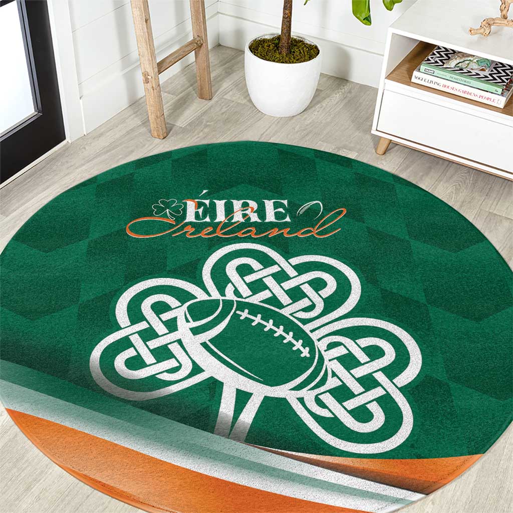Green round rug with white Celtic knot football and 'EIRE Ireland' logo