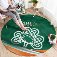 Green round rug with 'EIRE Ireland' lettering and white Celtic knot football design