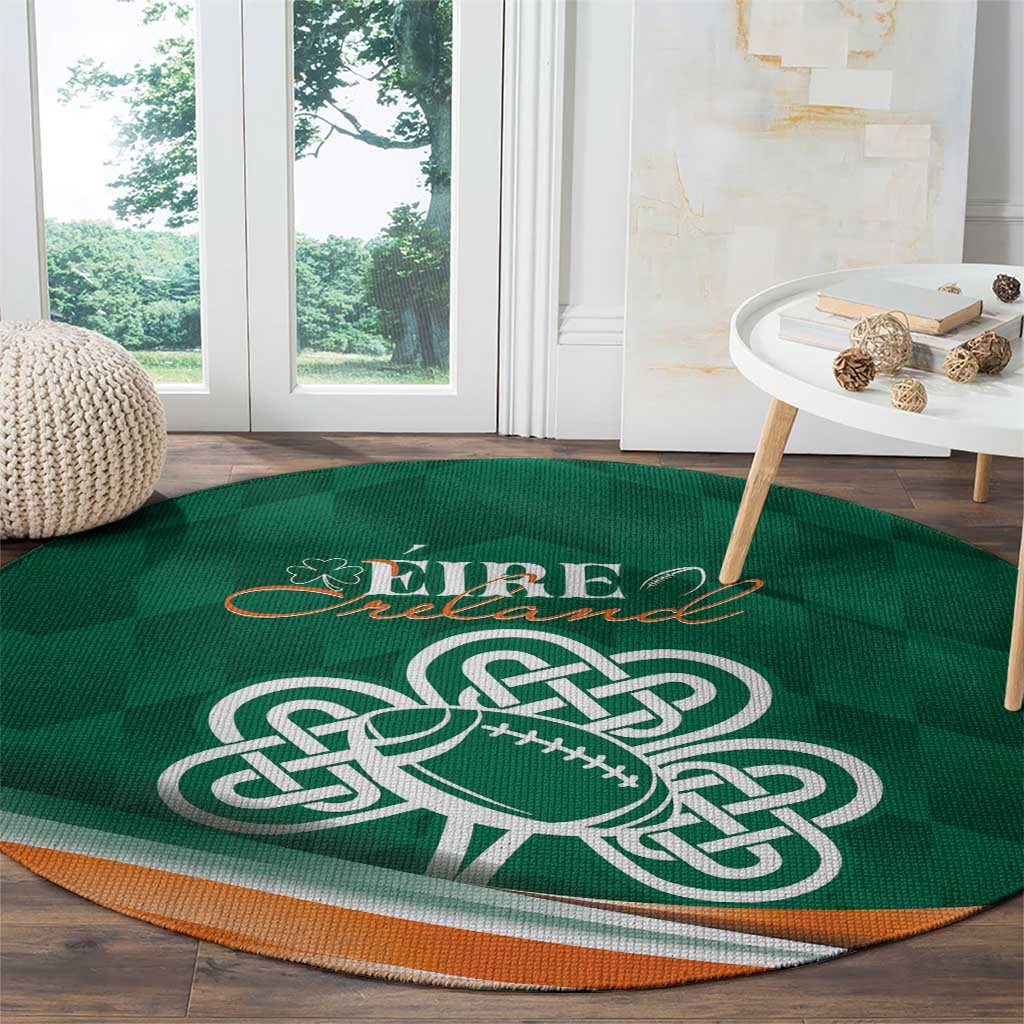 Green round rug on wood floor with 'EIRE Ireland' and white Celtic football knot design