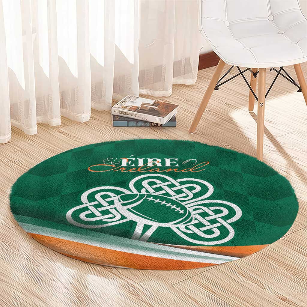 Green round rug with white Celtic football knot and 'EIRE Ireland' text, orange edge