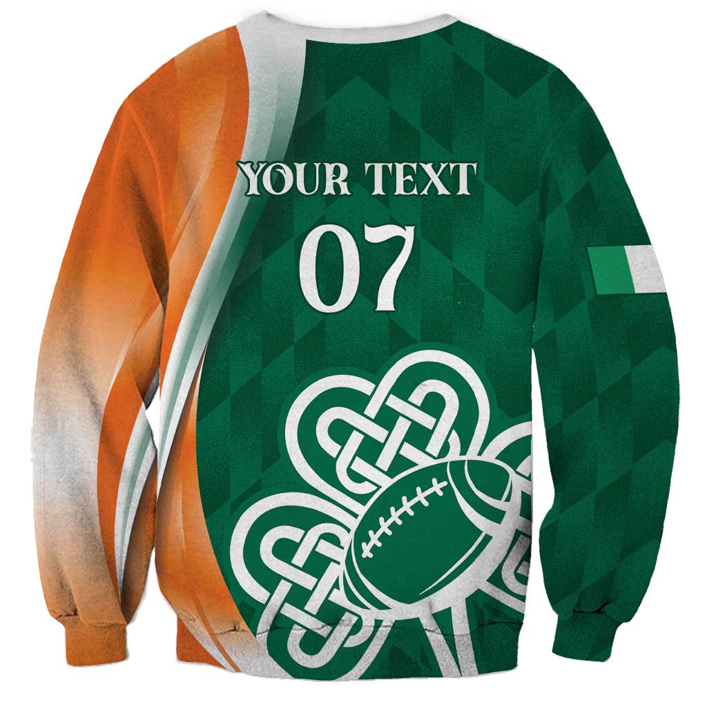 Back view green sweatshirt, orange side panels, white 'YOUR TEXT' and '07' with shamrock football
