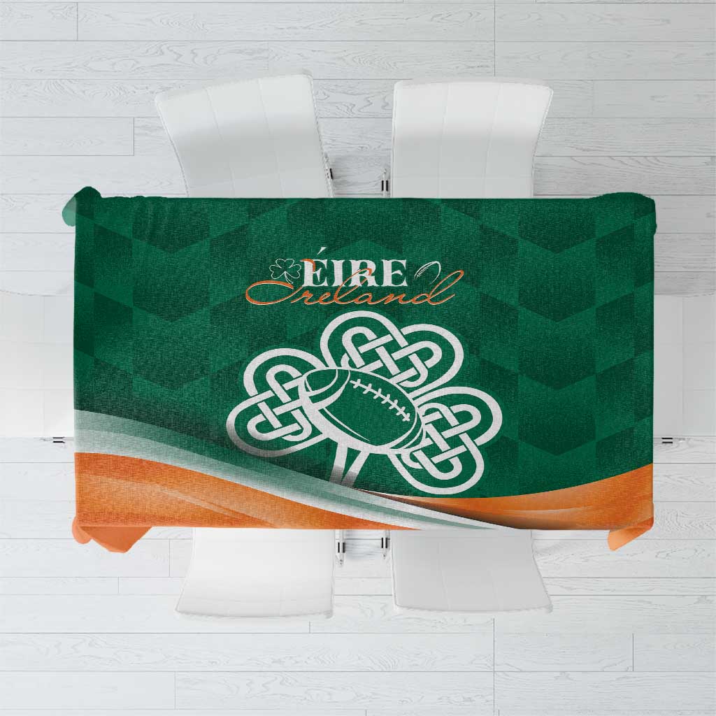 Green and orange celtic rugby shamrock tablecloth with central logo design