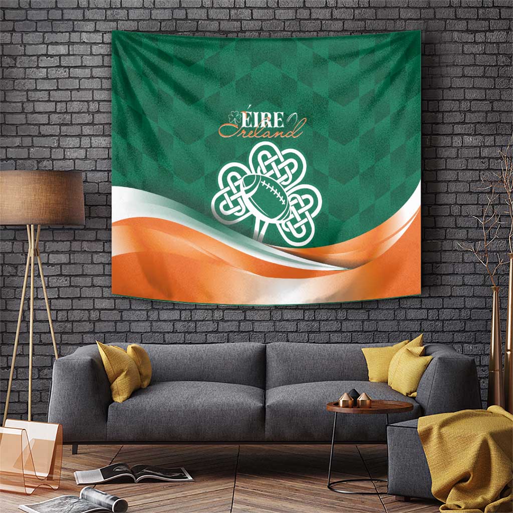 Green Ireland rugby tapestry with Celtic knot football and orange wave stripe