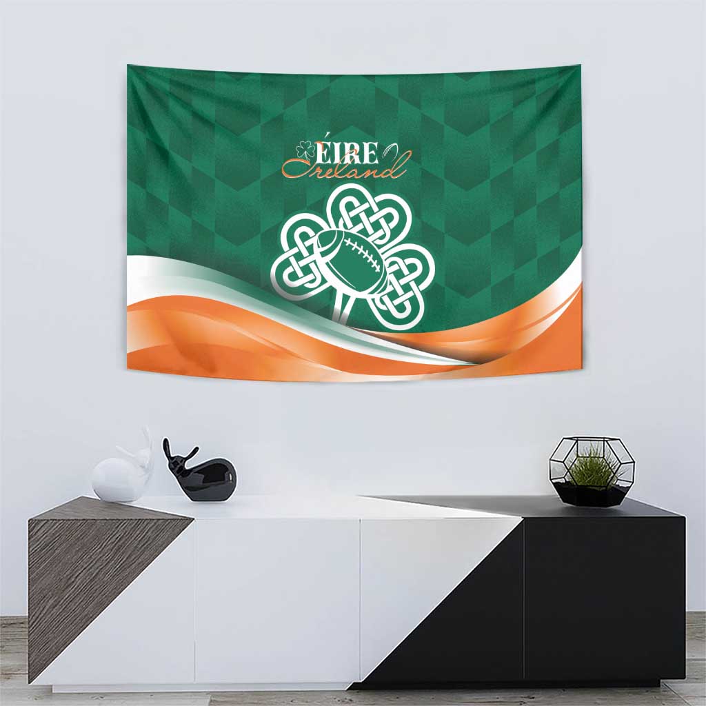 Green Ireland rugby wall tapestry with Celtic knot football and orange wave