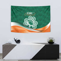 Green Ireland rugby wall tapestry with Celtic knot football and orange wave