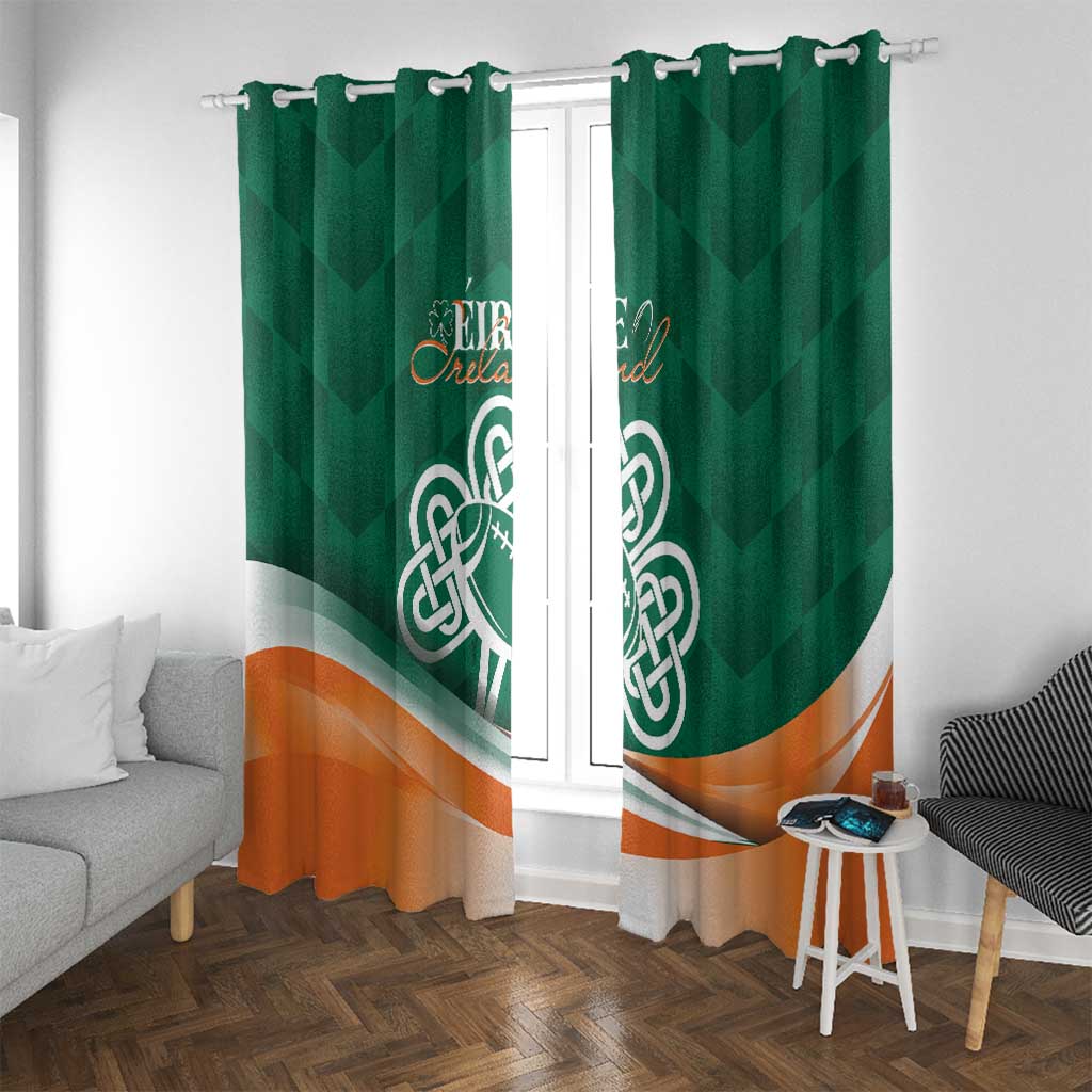 Green window curtain pair with Celtic shamrock emblem and orange wave stripe
