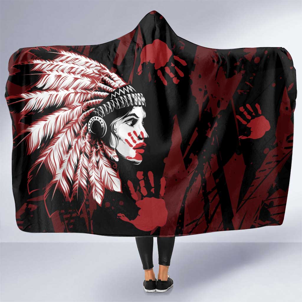 Native American MMIW Hooded Blanket Red Handprint Grunge Style