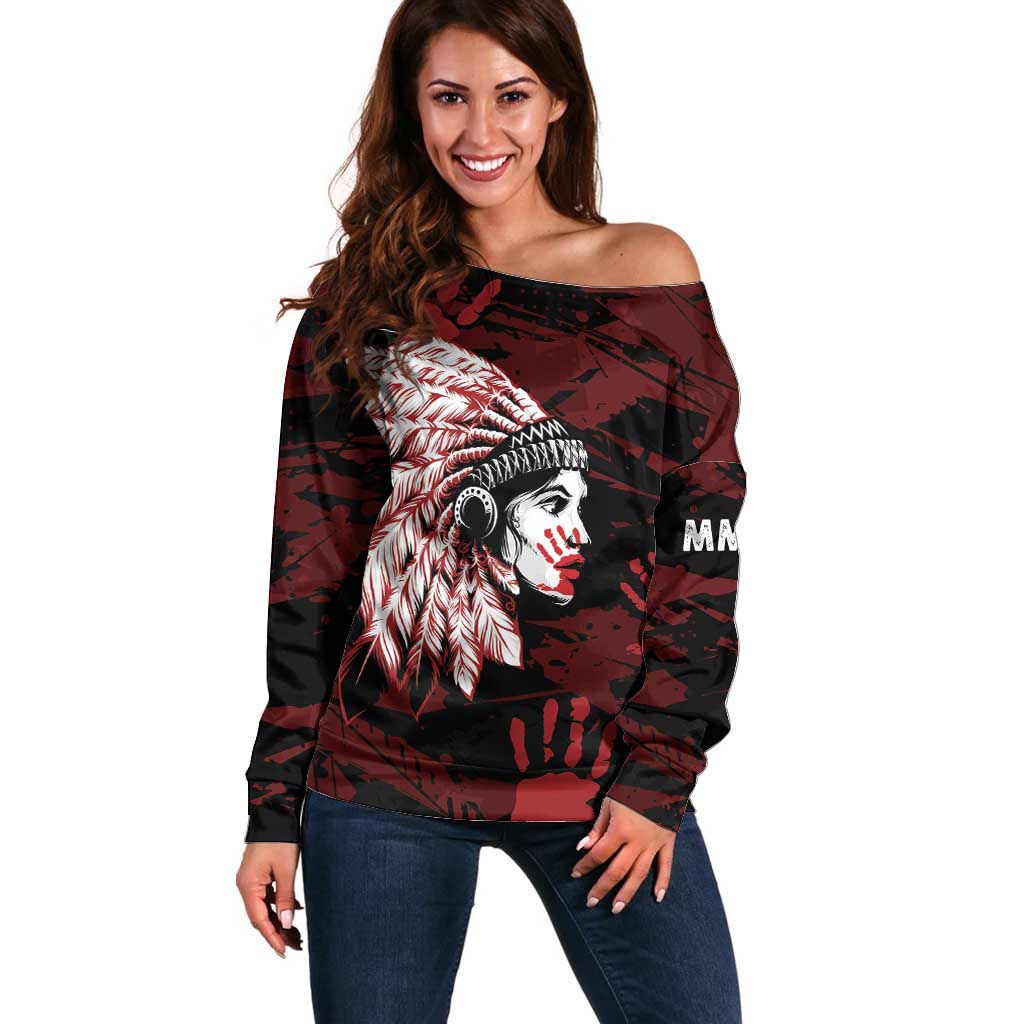 Native American MMIW Off Shoulder Sweater Red Handprint Grunge Style