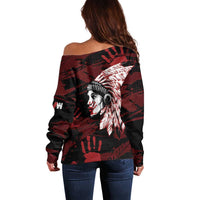 Off-shoulder sweatshirt with red-and-black camo and large feather headdress graphic