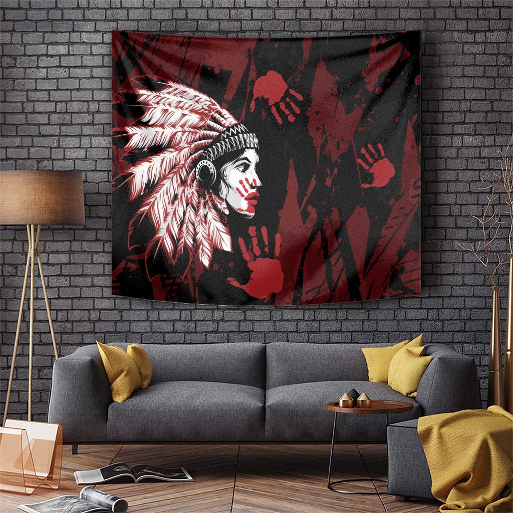 Native American MMIW Tapestry Red Handprint Grunge Style