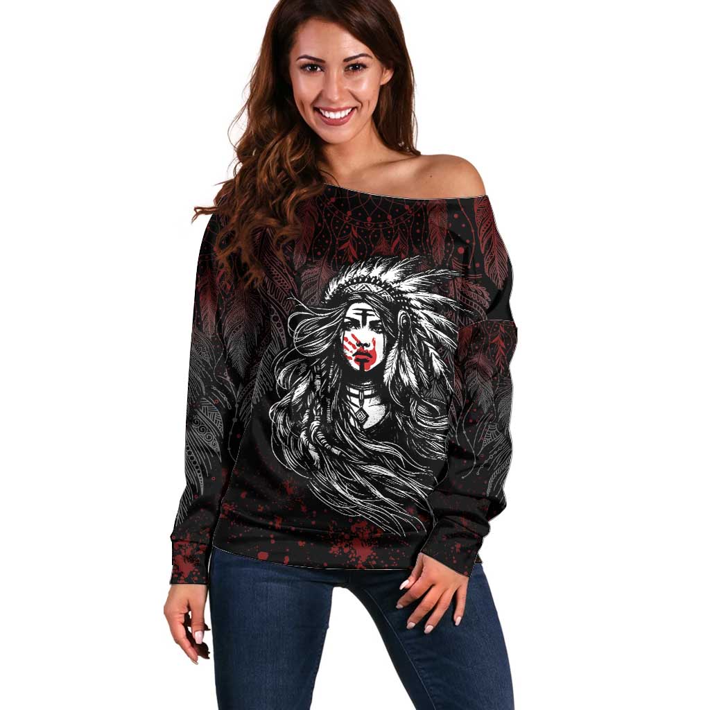 Native American MMIW Red Handprint Off Shoulder Sweater Dreamcatcher