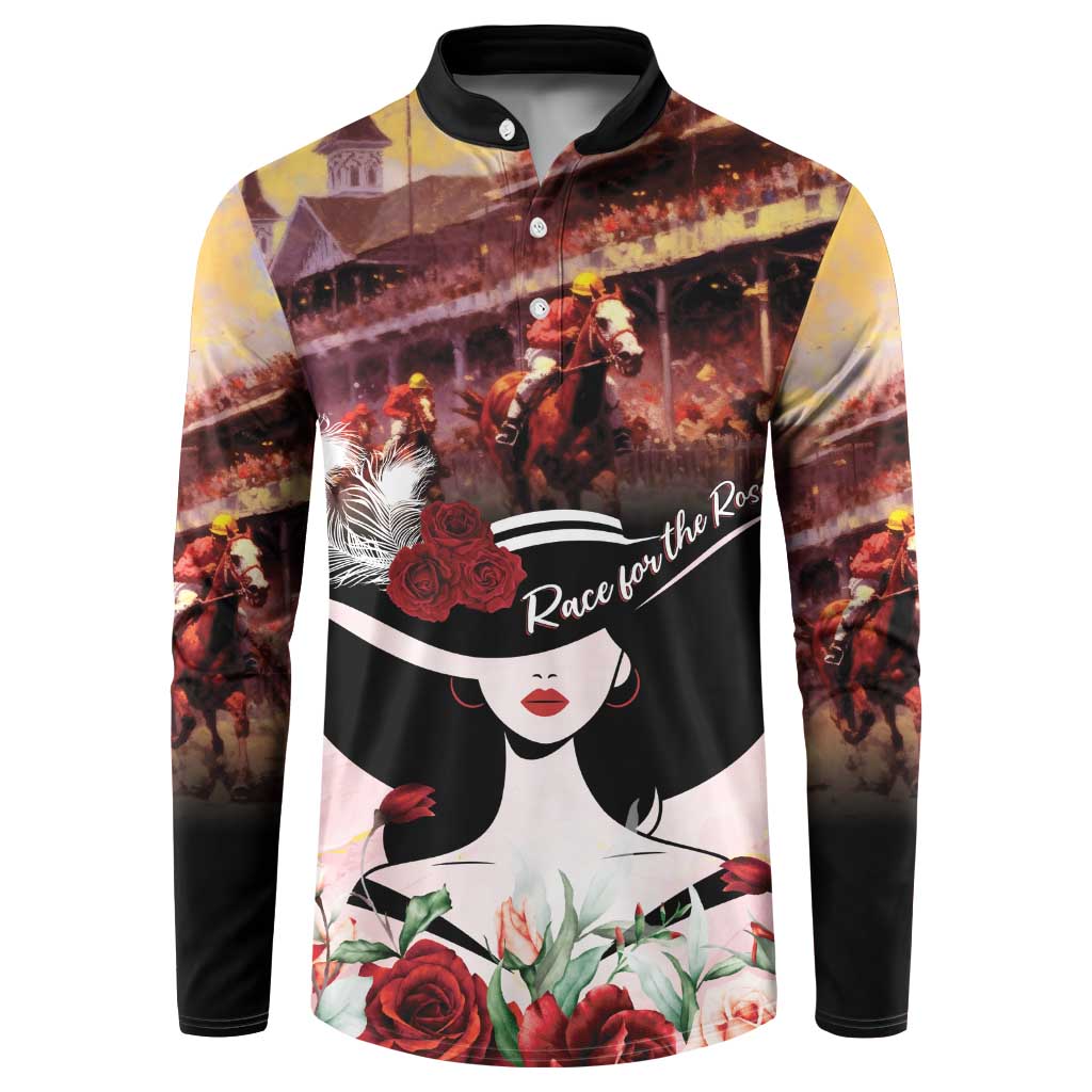 Multicolor button-up sweatshirt with black collar, front placket, and rose woman print
