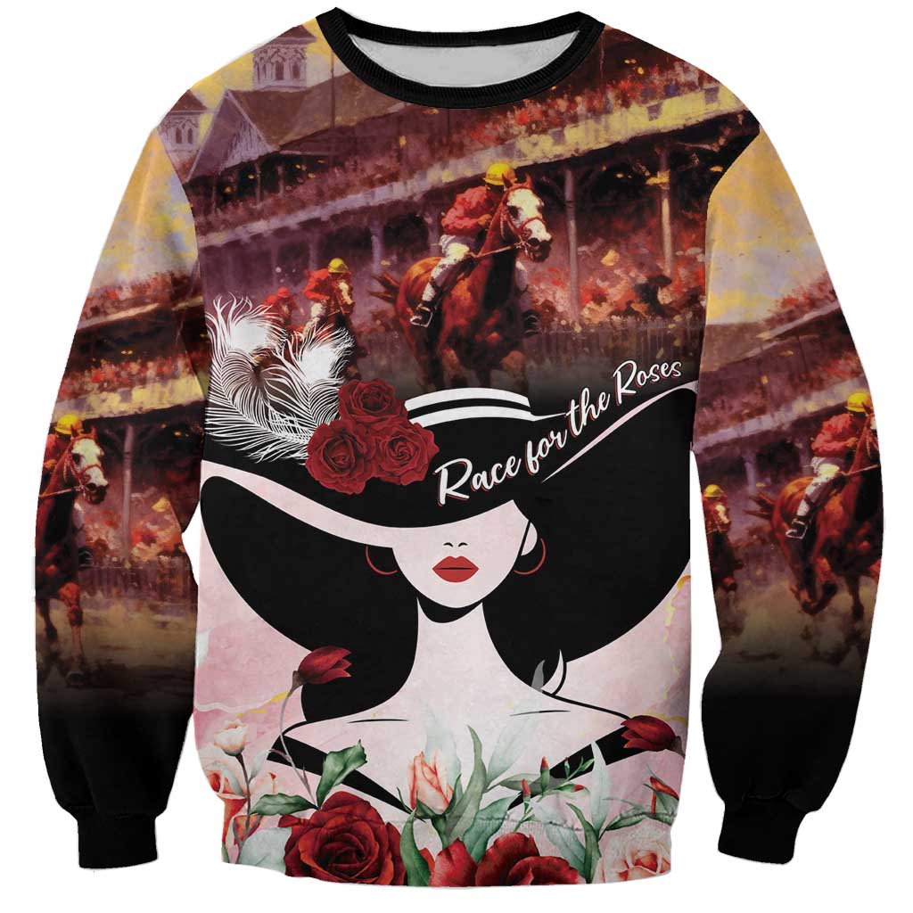 Unisex marbled sweatshirt with black neck; girl in hat graphic with roses