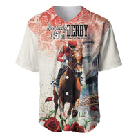 Pink rose and horse racing baseball jersey with front 'Derby 151st' graphic