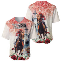 Baseball jersey with pink rose and horse racing prints, front and back shown